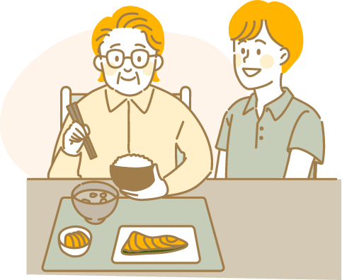 介護職員に見守られながらごはんを食べる老人のイラスト